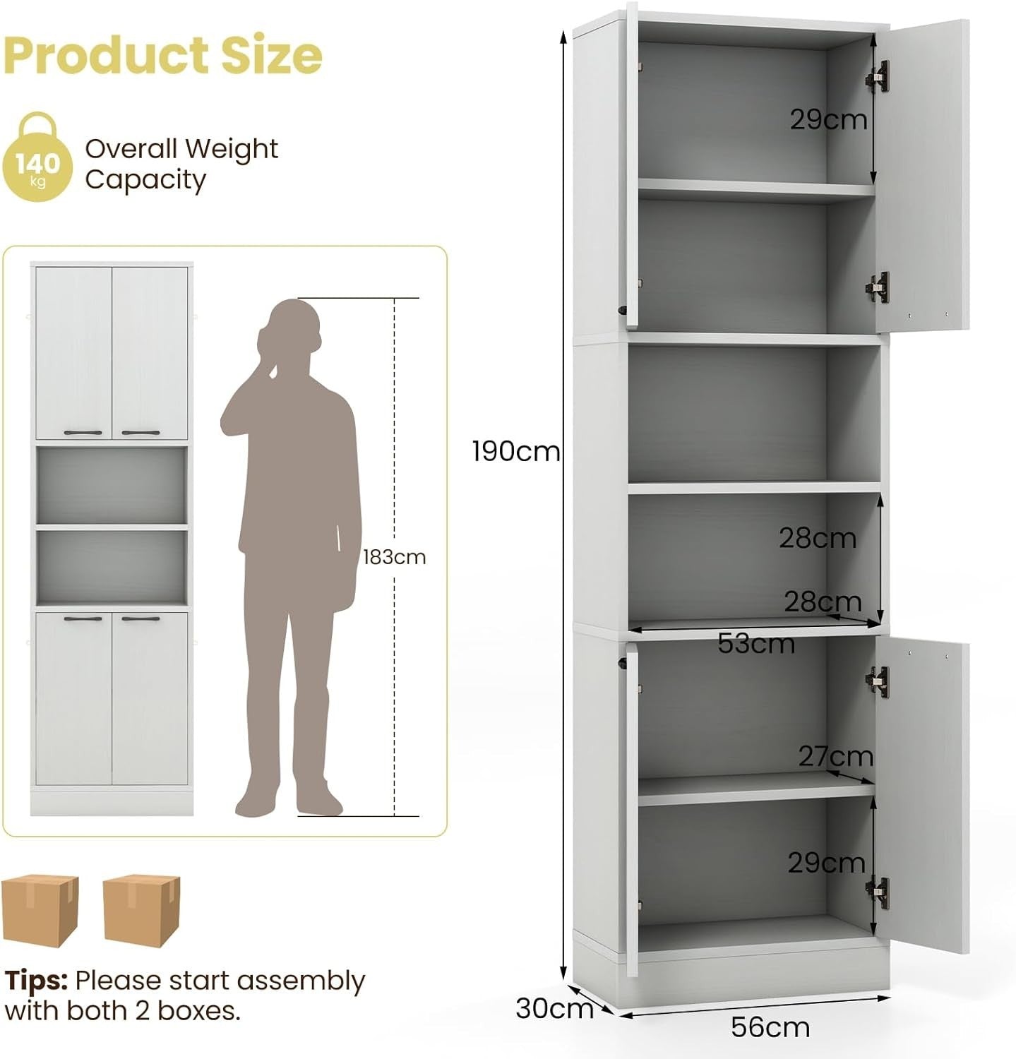 190cm Tall Kitchen Cupboard White Oak 4 Doors Open & Closed Storage Cabinet