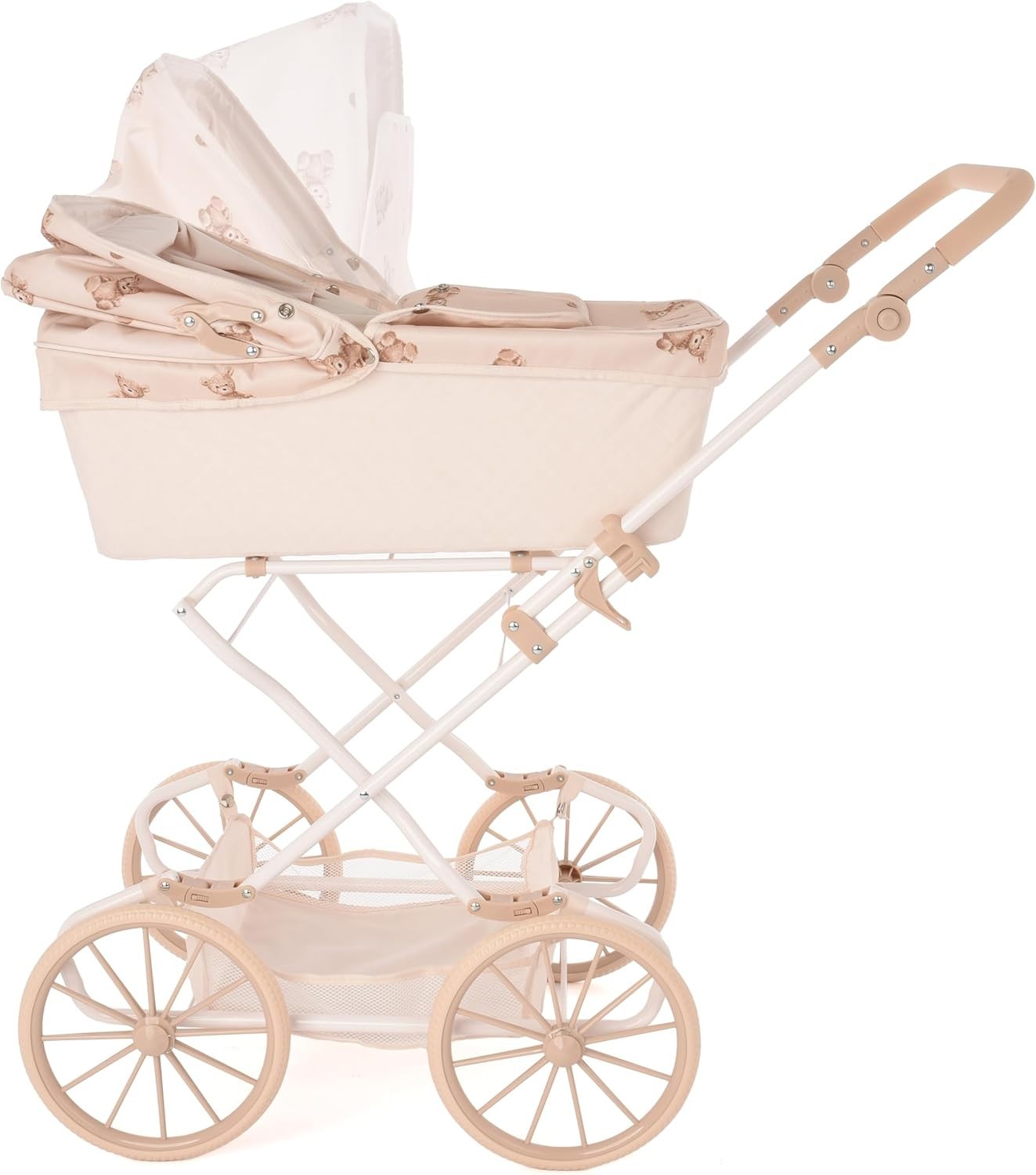 Vintage Doll Pram Teddy Design Adjustable Handle Tall Kids Basket