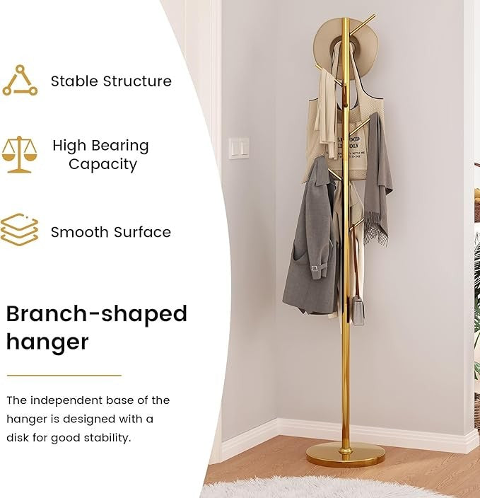 Gold Metal Coat Rack Stand with 8 Hooks | Modern Tree Branch Freestanding