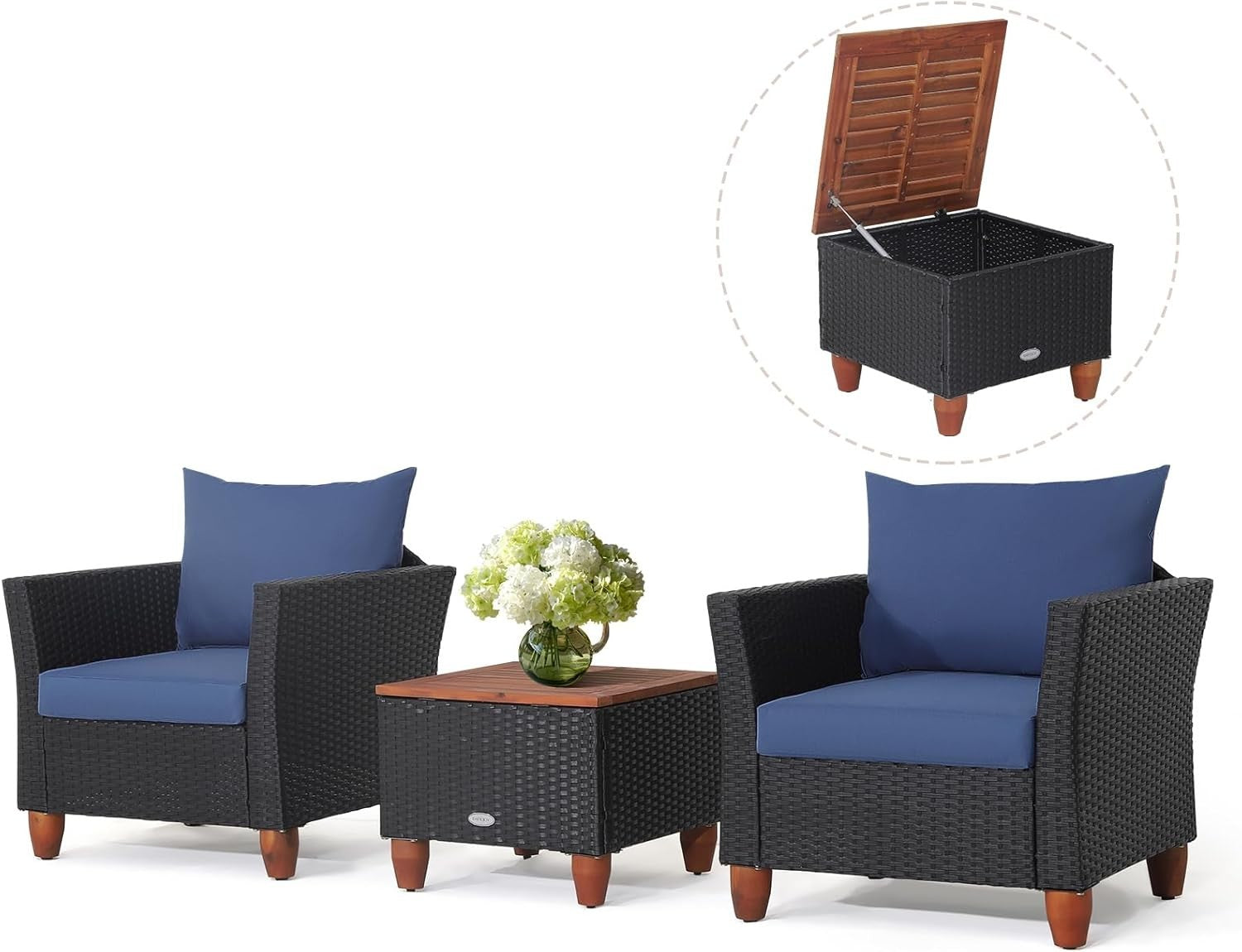 3 Piece Rattan Bistro Set with Storage Table Garden Patio Chairs Cushions