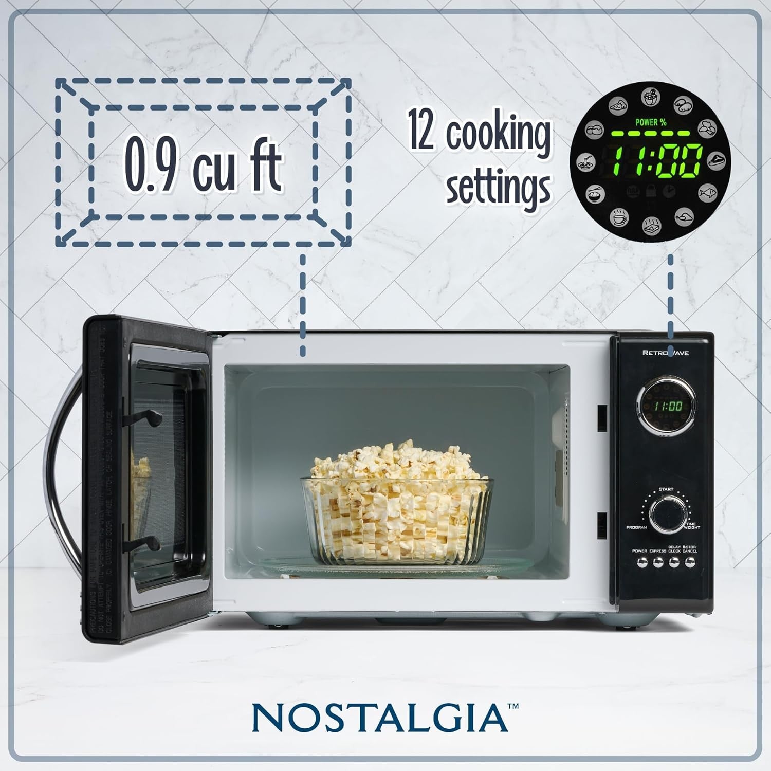 25L Retro Microwave 800W 12 Presets Digital Clock Black