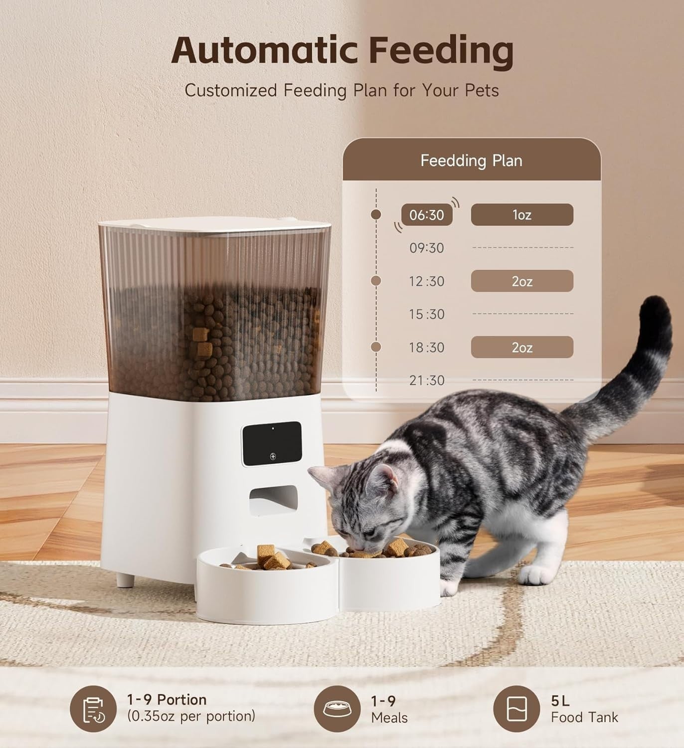 Smart Automatic Pet Feeder 5L WiFi App Timer Dual Bowl Food Dispenser