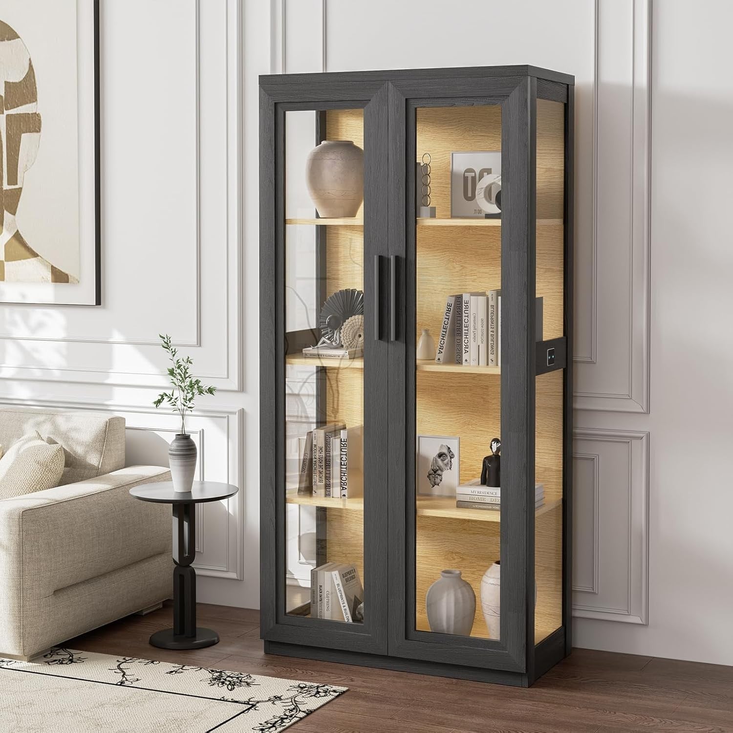 LED Display Cabinet Glass Doors Bookshelf with Storage 3-Color Lights