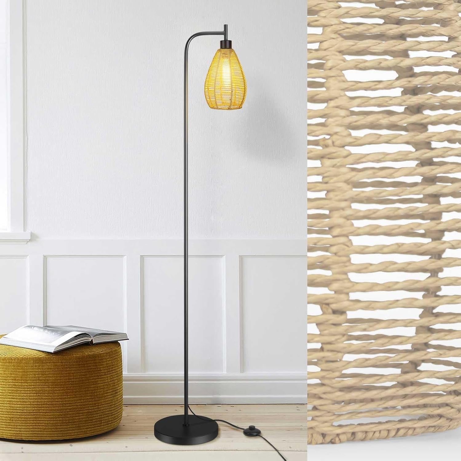 Farmhouse Floor Lamp Tall Standing Light Woven Rope Cage Pedal Switch
