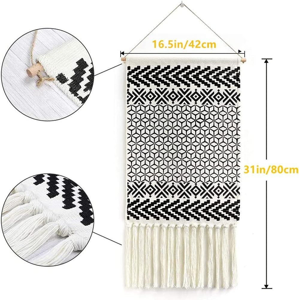 Boho Macrame Wall Hanging Black White Geometric Tapestry Decor