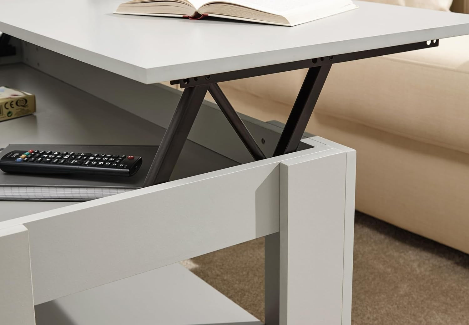 Modern Lift Top Coffee Table with Hidden Storage & Shelf Grey 105x50cm