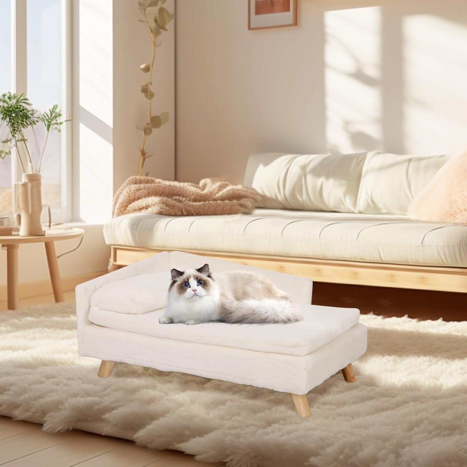 Elevated Dog Sofa Bed L Shaped Pet Lounger Plush Cushion Wooden Legs