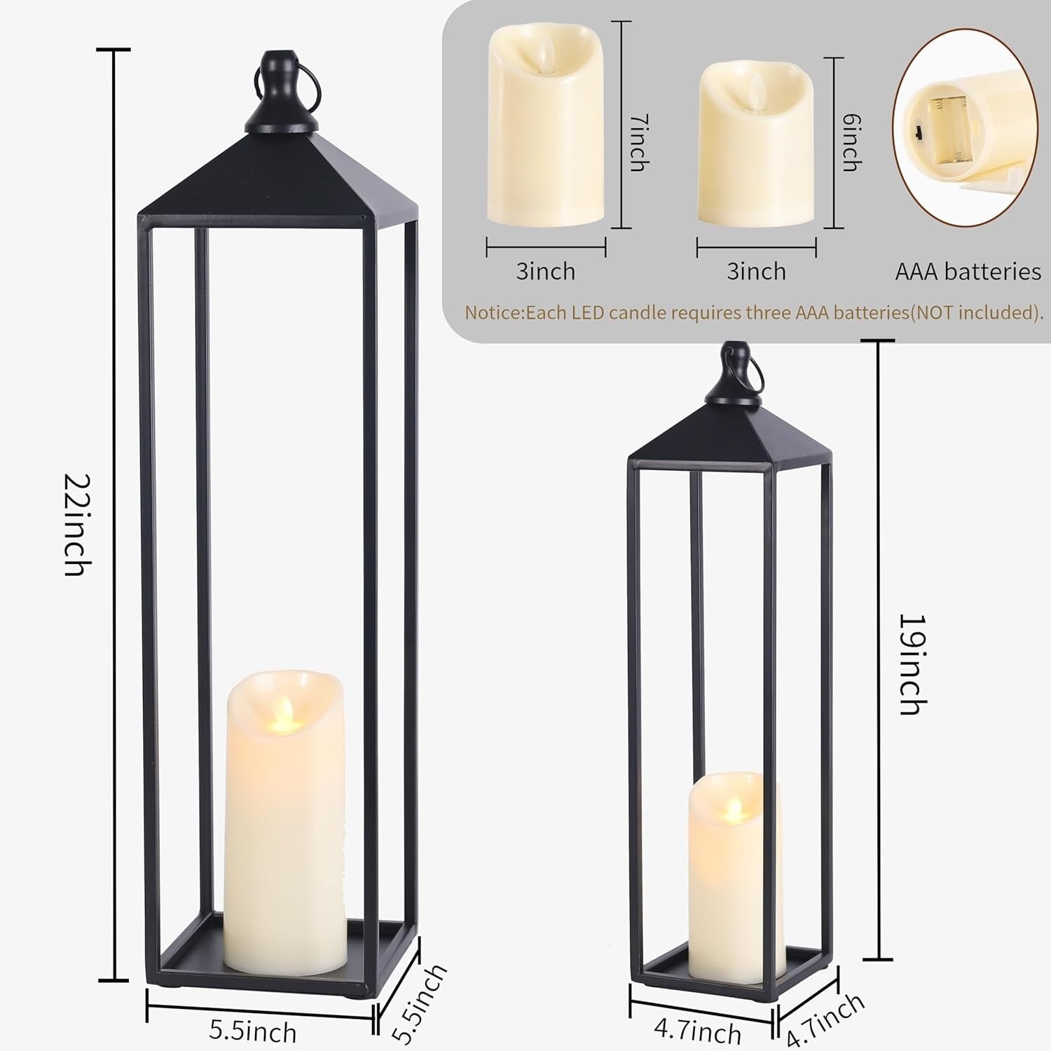 2 Pack Large Black Metal Candle Lanterns Outdoor
