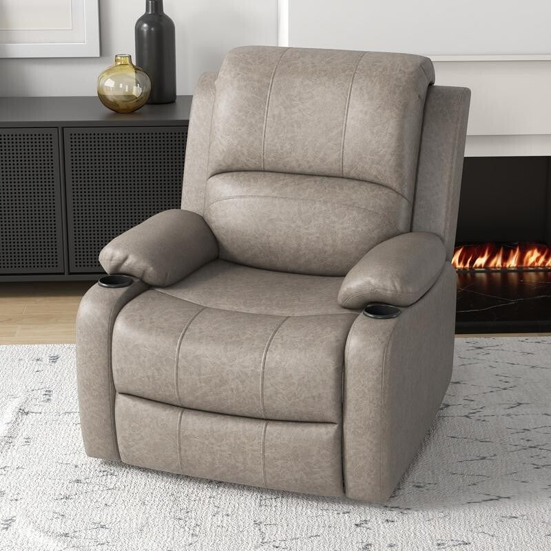 Microfibre Recliner Armchair w/ Cup Holders – Manual Chair w/ Leg Rest Brown