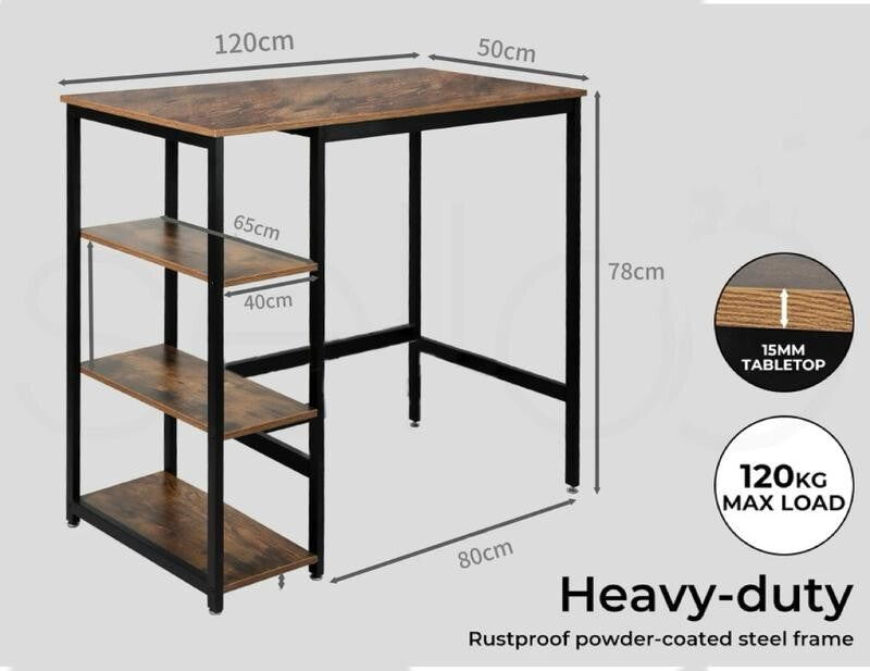 Rustic Bar Table Desk with Storage Shelves Industrial Style 120cm for Home