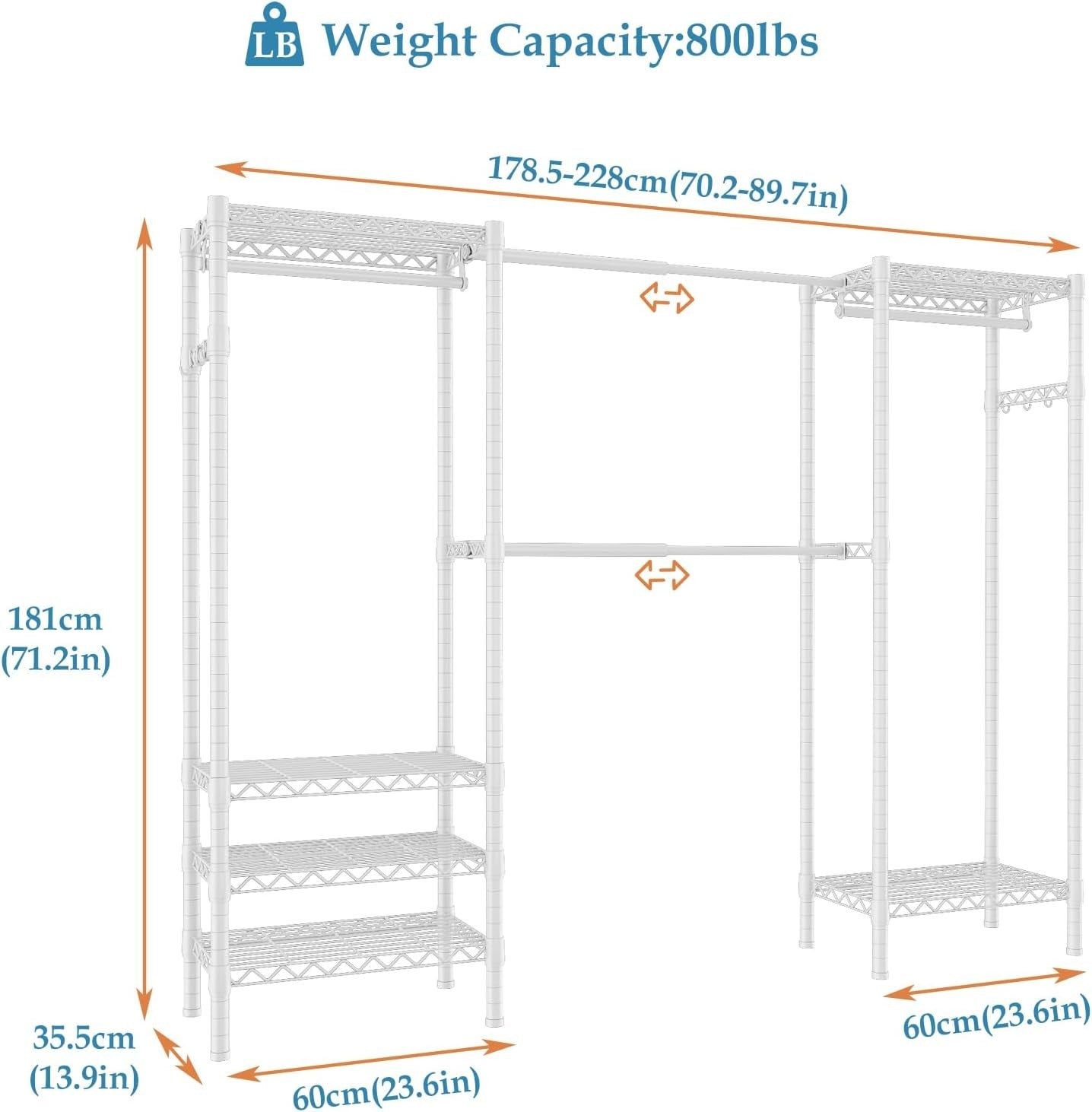 Expandable Heavy Duty Clothes Rail with Shelves – White 180cm