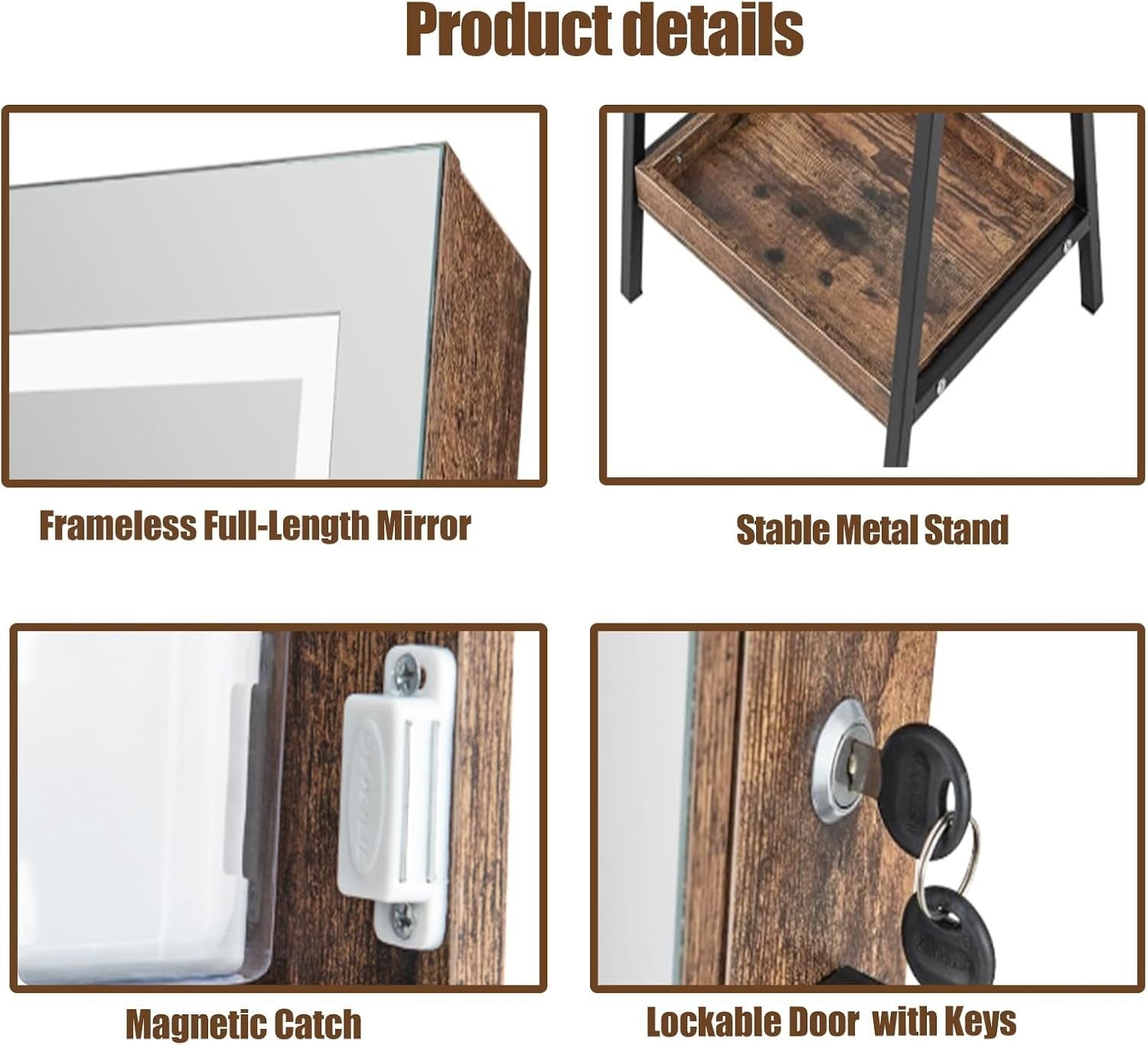 Rustic Brown LED Jewellery Armoire Full Length Mirror Lockable Organizer