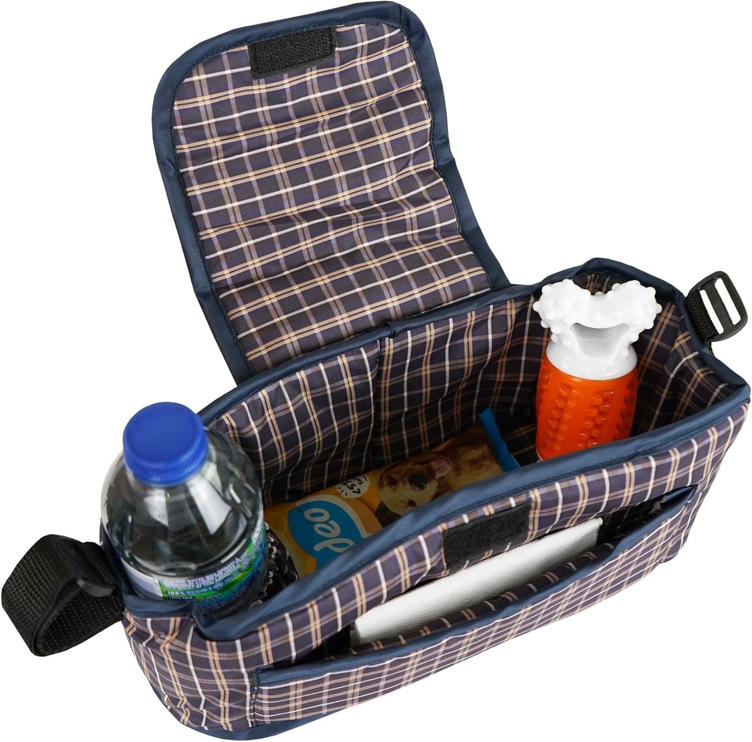 Grey Tartan Pet Stroller Pushchair with Caddy Bag Foldable 15kg Travel Pram