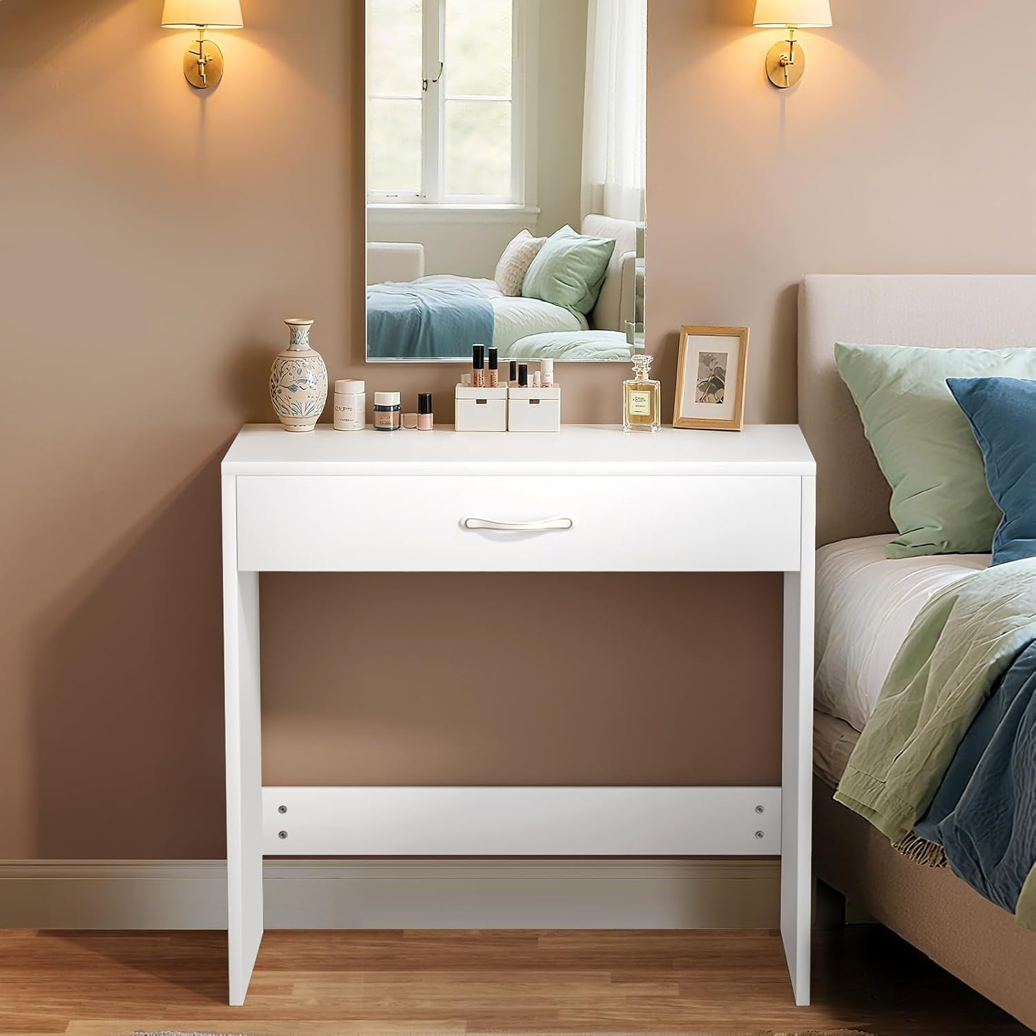 White Modern Compact Dressing Table Vanity Desk 1 Drawer Small Bedroom Wood