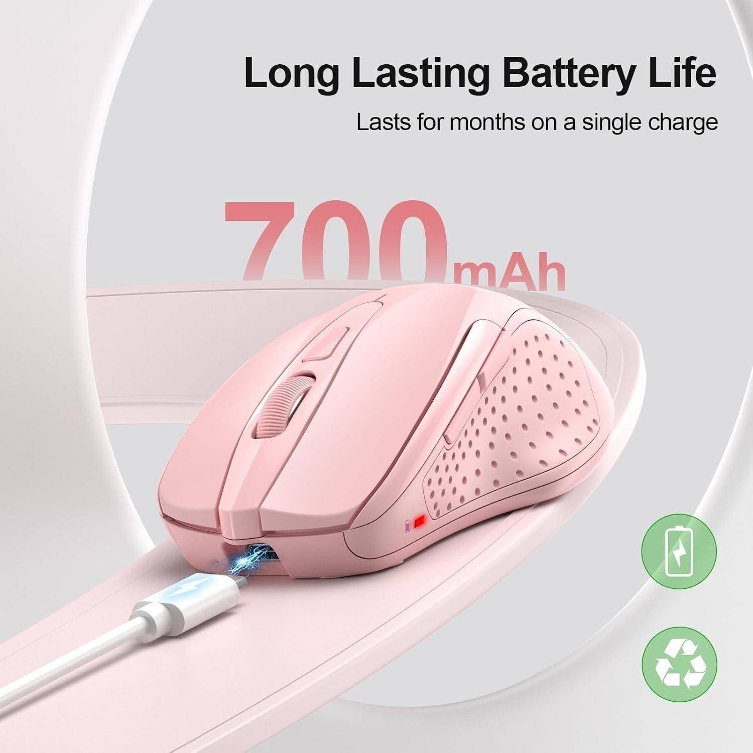 Pink Rechargeable Bluetooth Mouse Silent Ergonomic Tri Mode 4800DPI Laptop