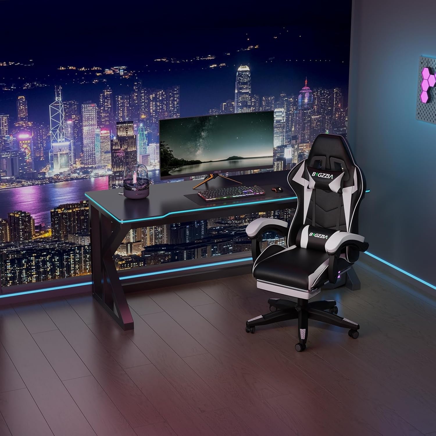 Ergonomic Gaming Chair with Footrest & Lumbar Support – White