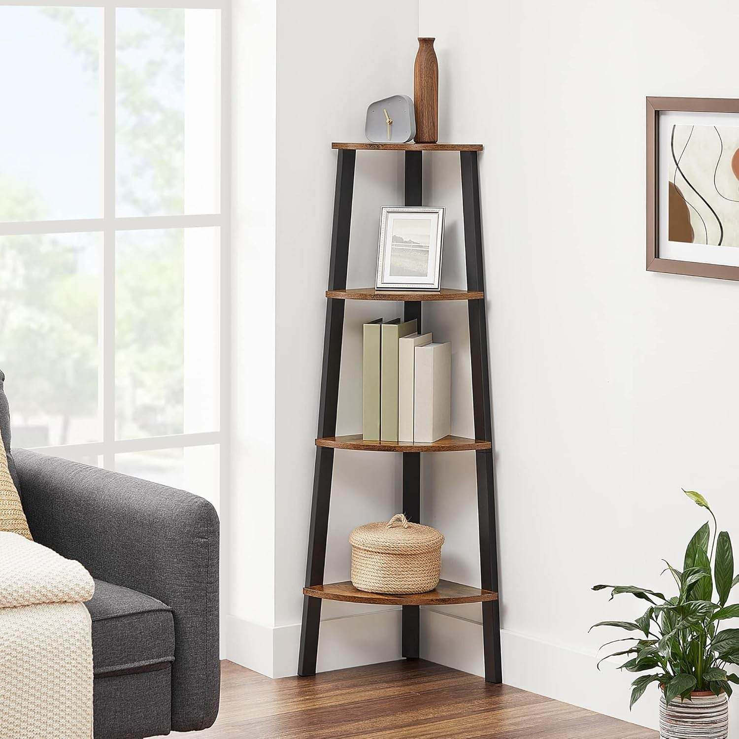 4 Tier Corner Ladder Shelf Rustic Brown Industrial Bookcase Plant Stand