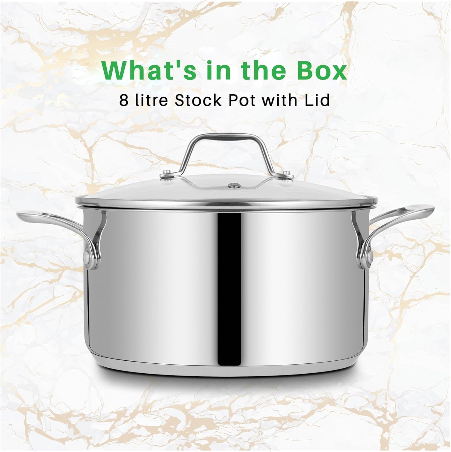 7.6L Stainless Steel Stock Pot with Glass Lid Induction Ready Heavy Duty Soup