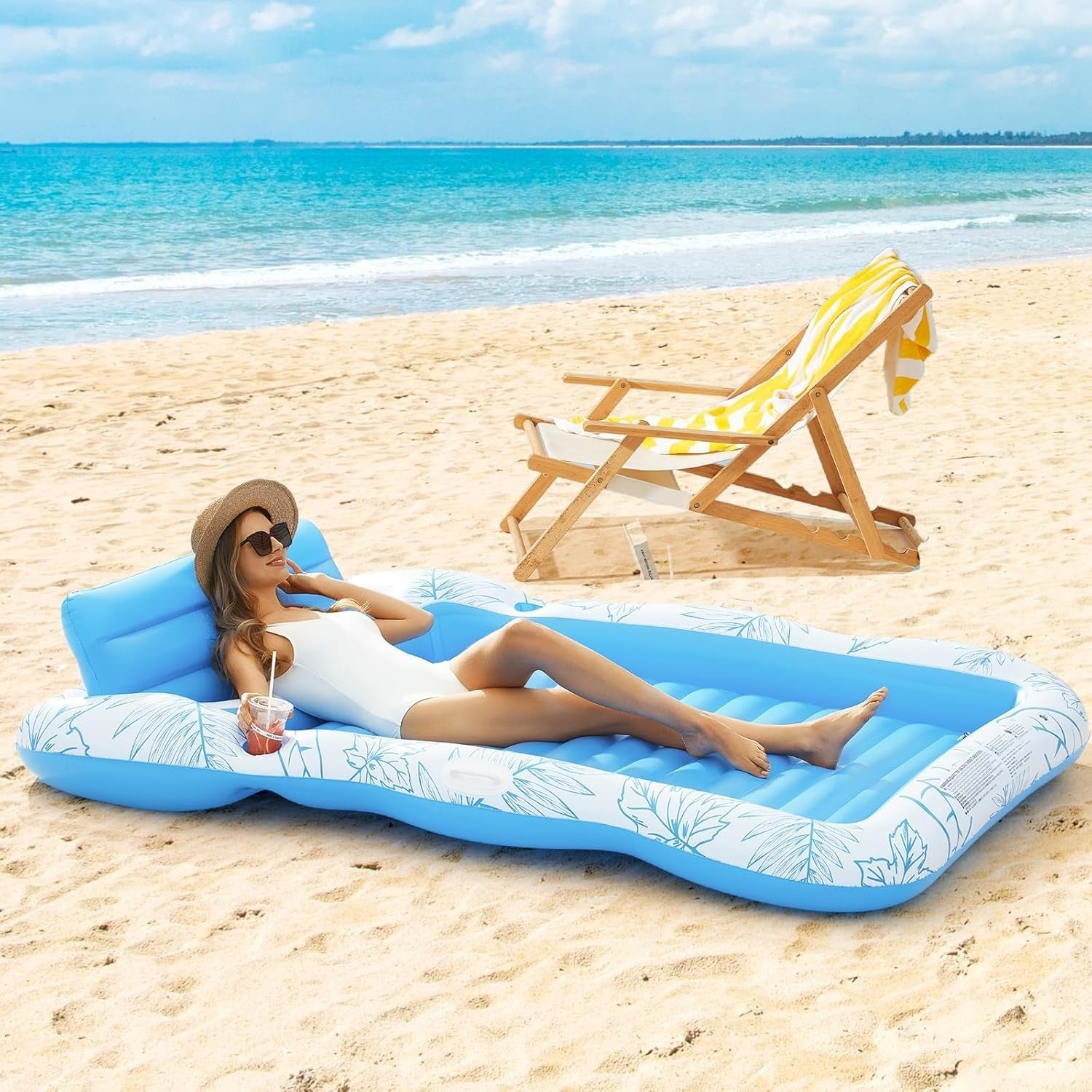 XL Inflatable Pool Lounger Float Adult Sun Tanning Raft w Cup Holders