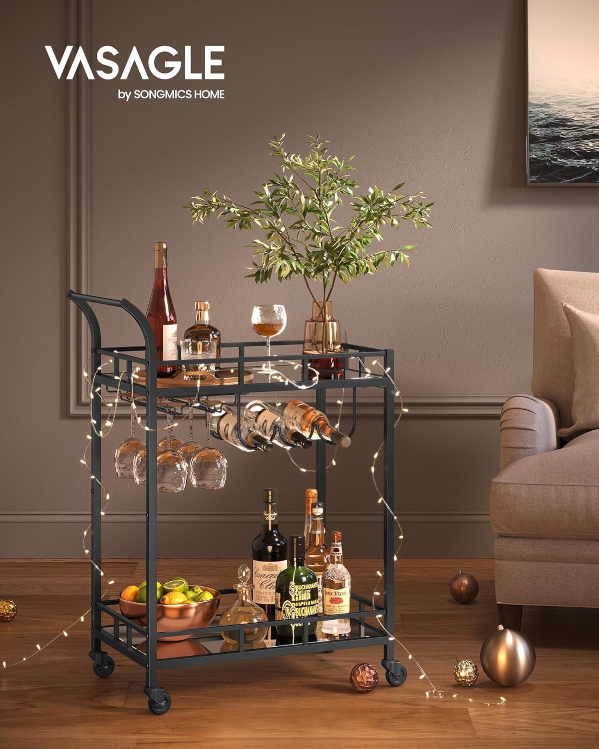 Black Drinks Trolley Bar Cart on Wheels with Wine & Glass Holders