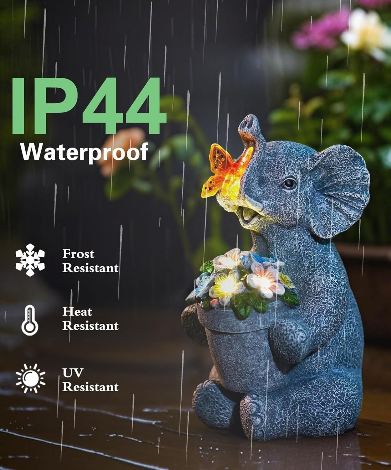 Solar Elephant Garden Ornament with Butterfly Light Resin Outdoor Decor Gift