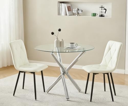 Round Glass Dining Table Set with 2 White PU Chairs for Small Spaces