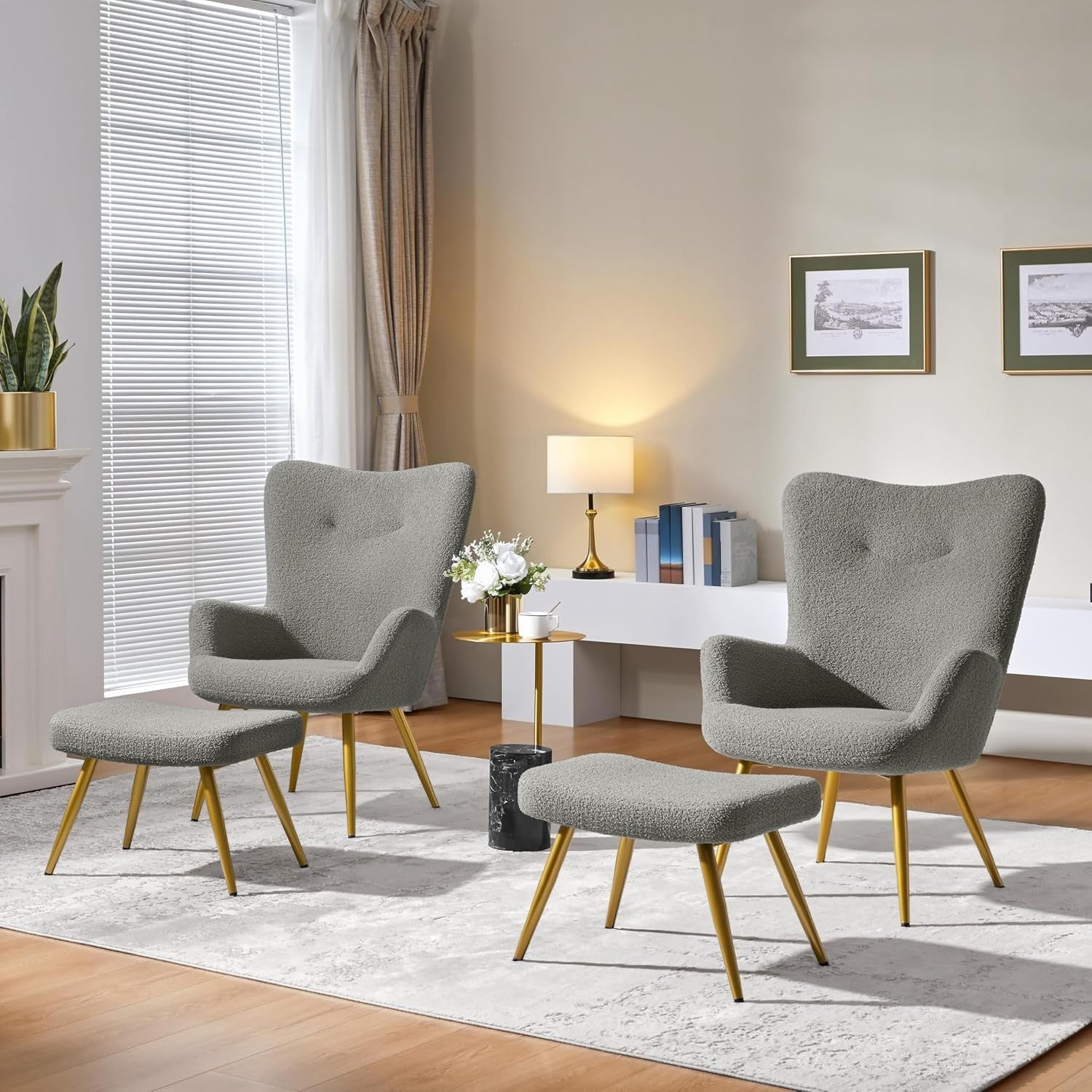 Sherpa Boucle Armchair with Ottoman High Back Accent Chair Dark Grey