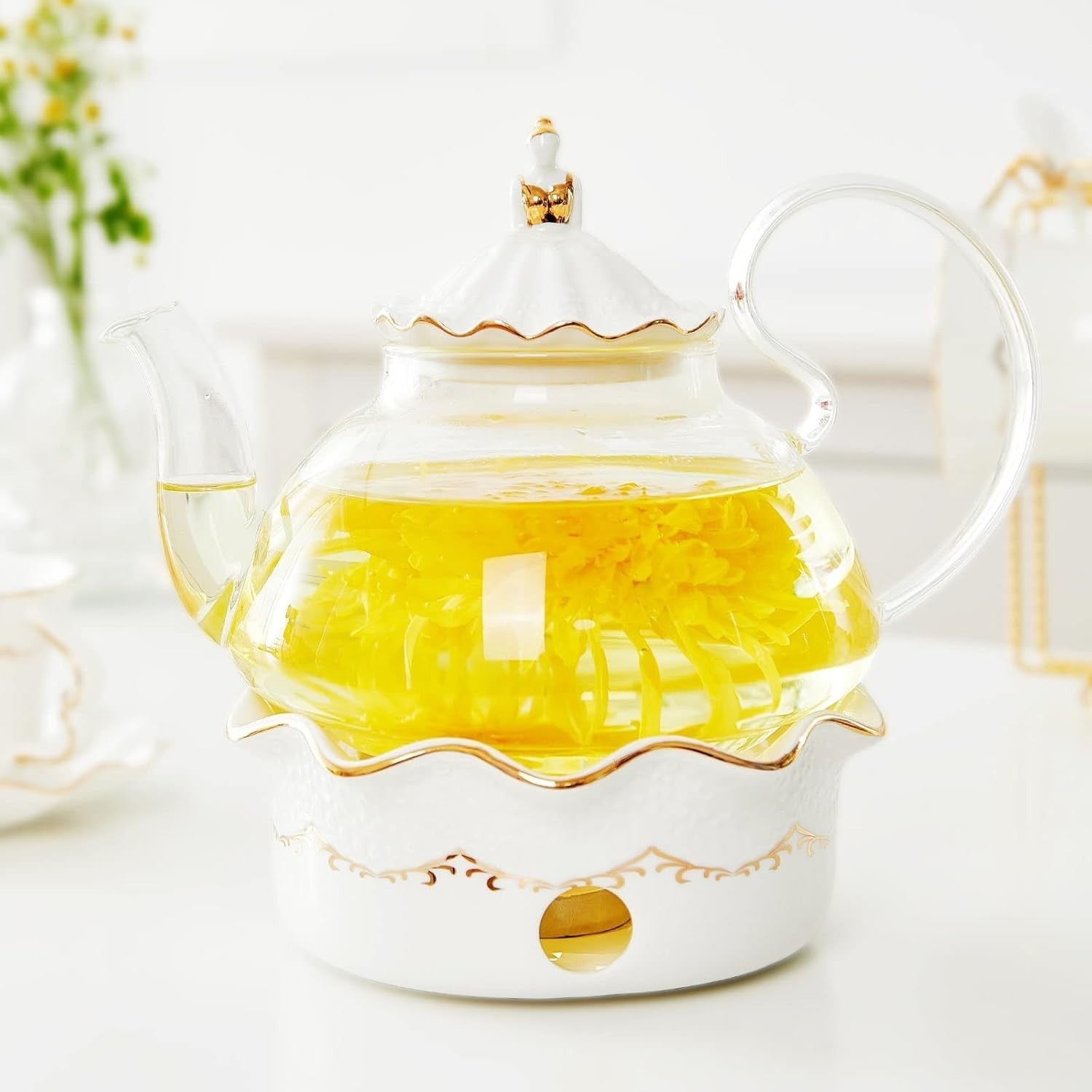 Luxury Blooming Tea Pot Set 1.2L Warmer Infuser Gold Trim Gift