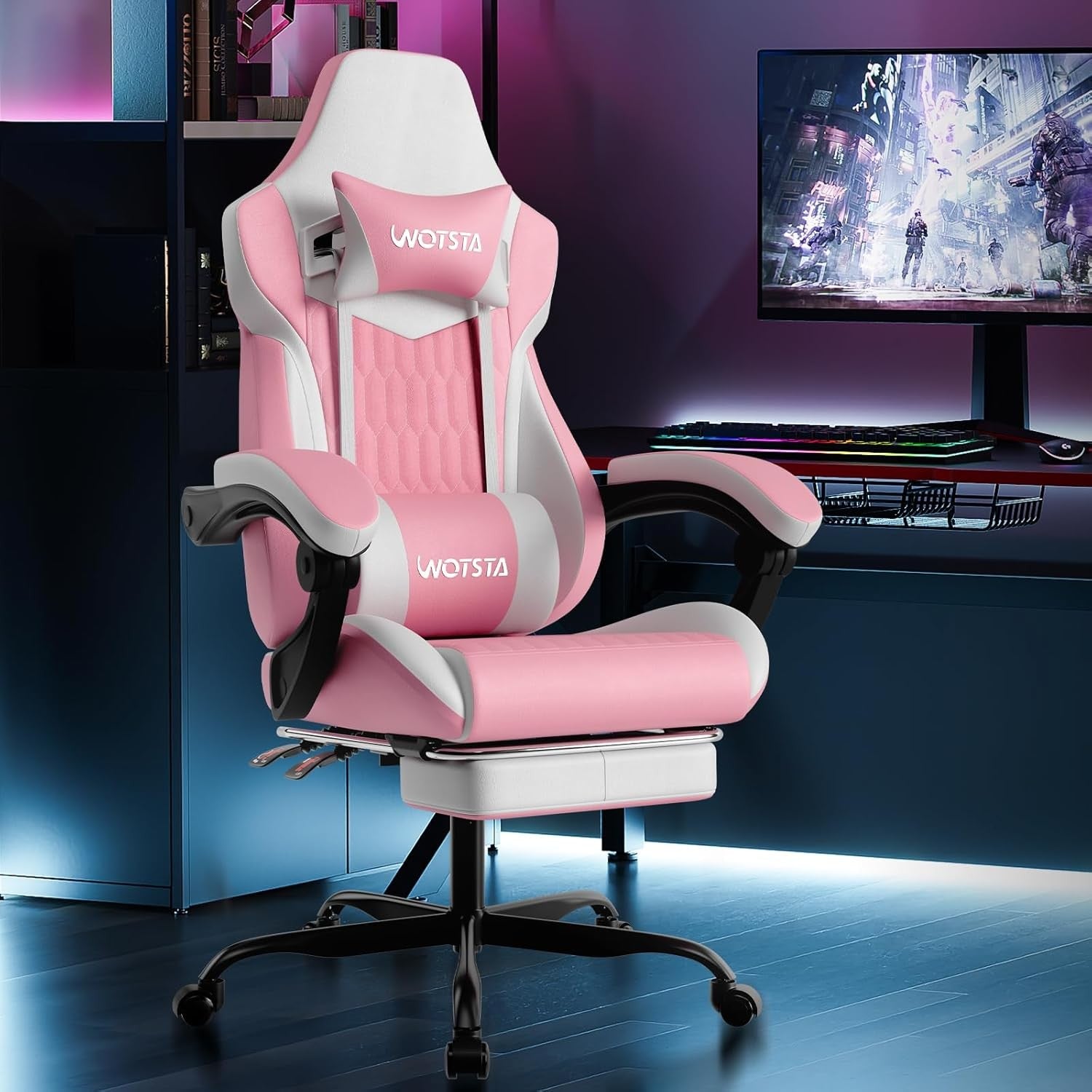 Gaming Chair with Footrest Ergonomic Reclining Pink White Seat