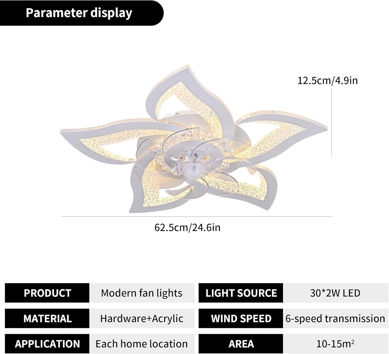 62.5CM Ceiling Fan Light, 6 Speeds, Dimmable, Reversible, Remote, Modern