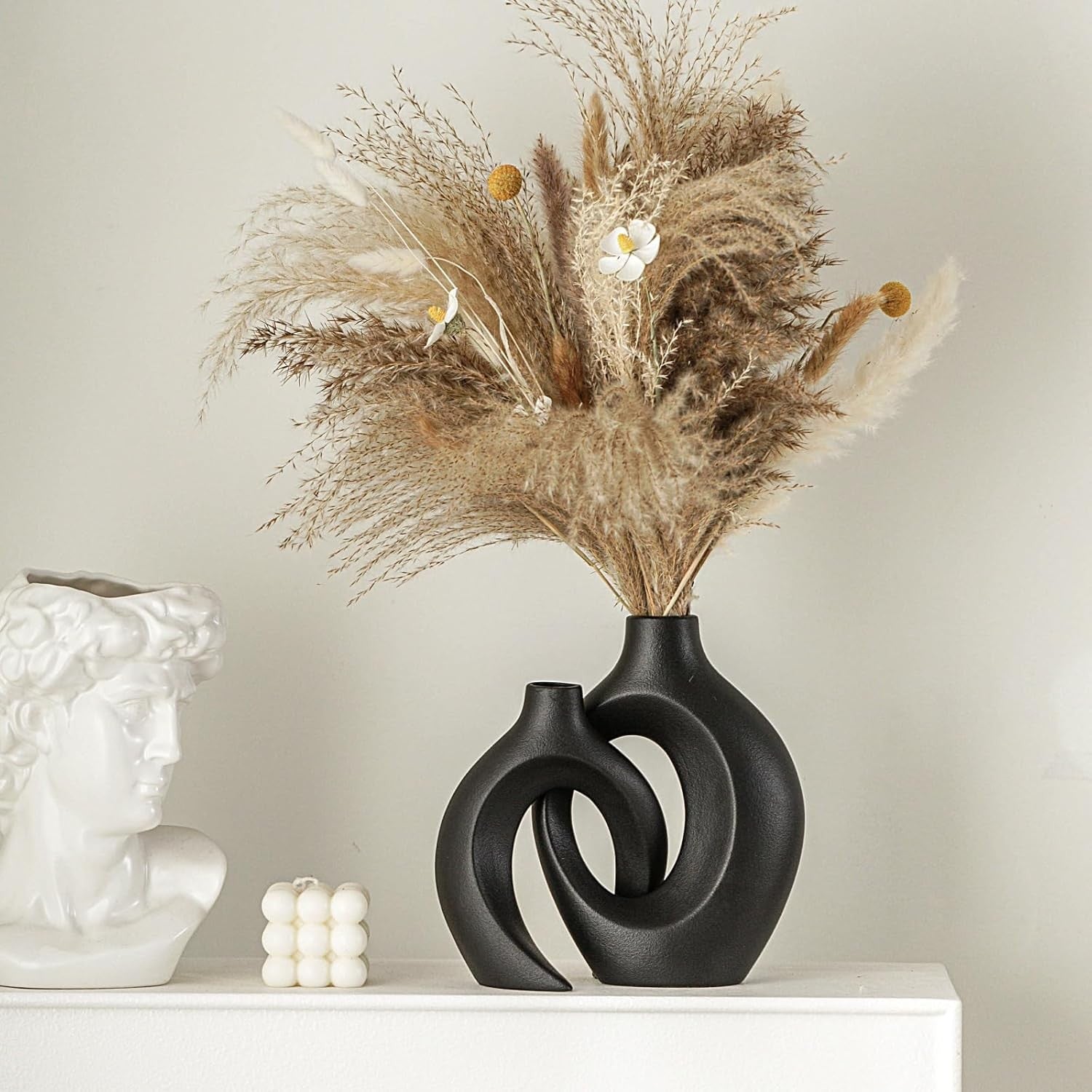 Matte Black Ceramic Vase Set of 2 Nordic Boho Pampas Flower Home Decor
