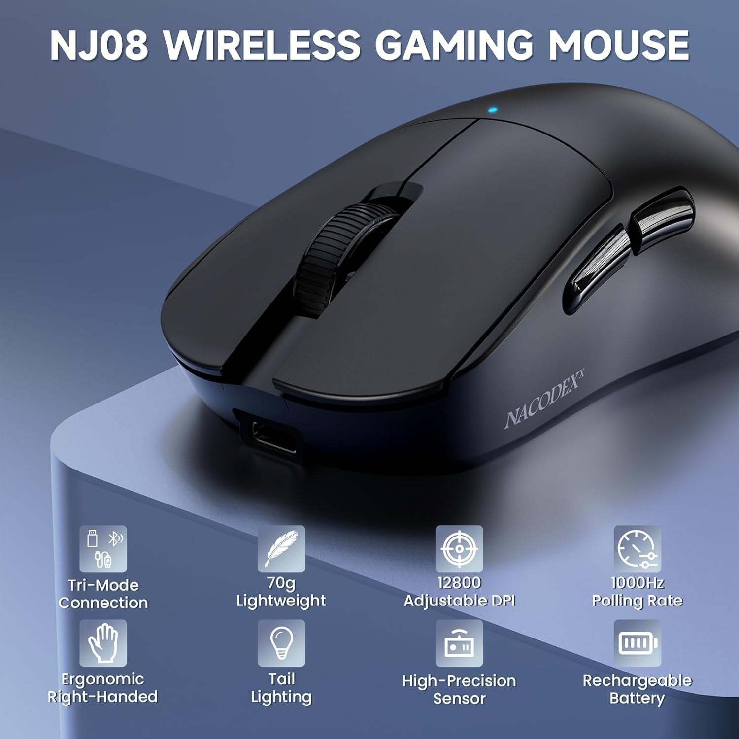 12800 DPI Tri-Mode Wireless Gaming Mouse 1000Hz RGB 70g Black