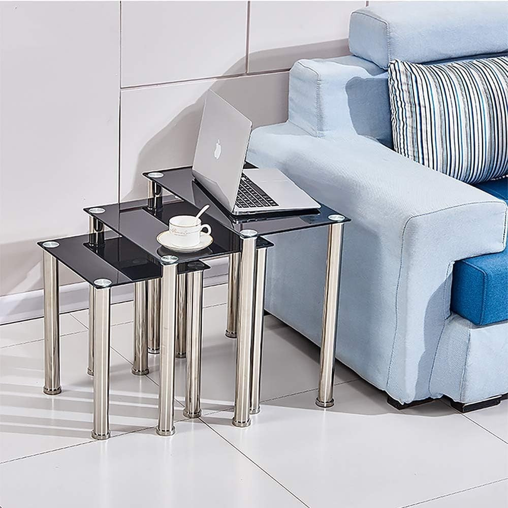 Nest of 3 Modern Coffee Table Set Rectangular Glass Top Chrome Metal Legs Black