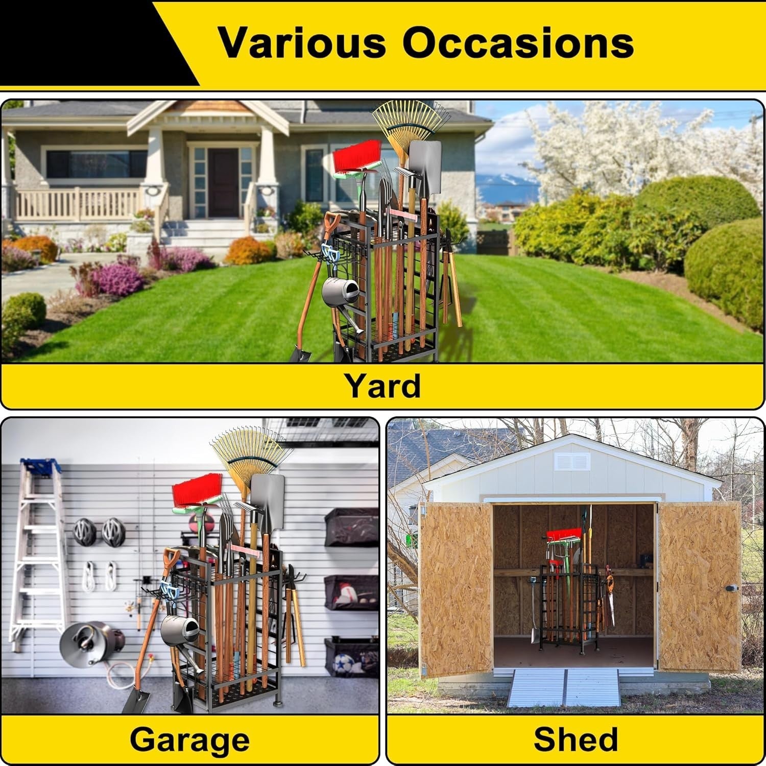 3-Tier Garden Tool Rack Metal Shed Storage Organizer Heavy Duty Black