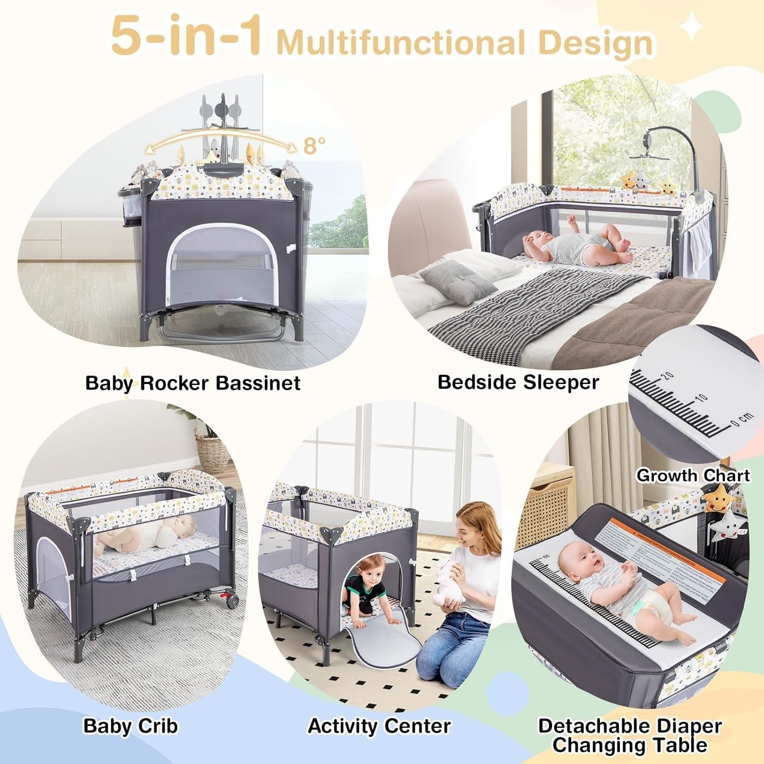 5in1 Travel Cot Baby Bedside Foldable Crib Bassinet Portable Playard White Grey