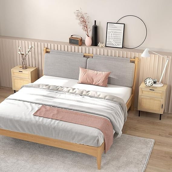 Rattan Bedside Tables Set of 2 with Drawer & Cabinet, Natural Wood & Metal Legs