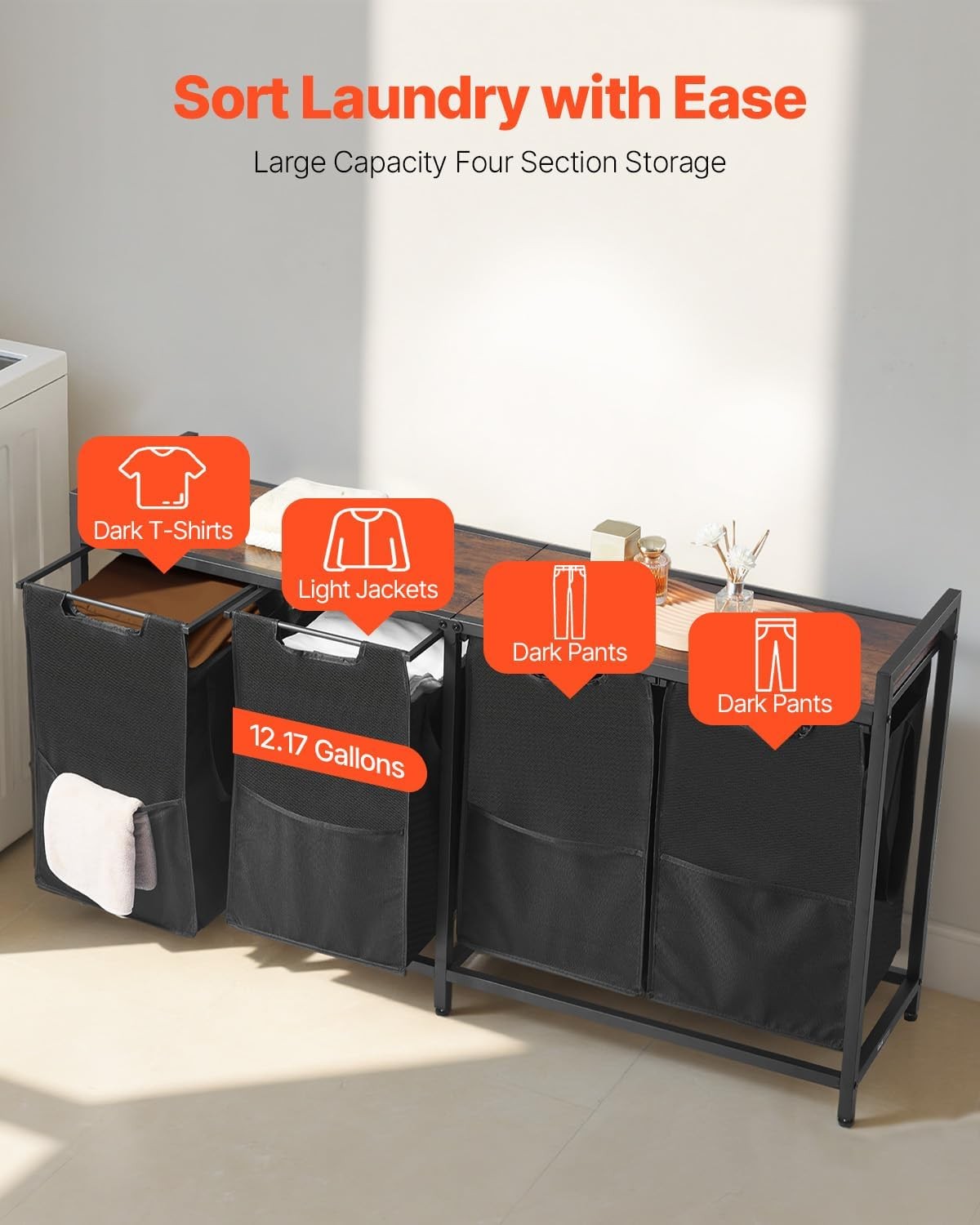 4 Section Laundry Sorter with Wood Top Large Rolling Hamper Pull-Out Bags Black