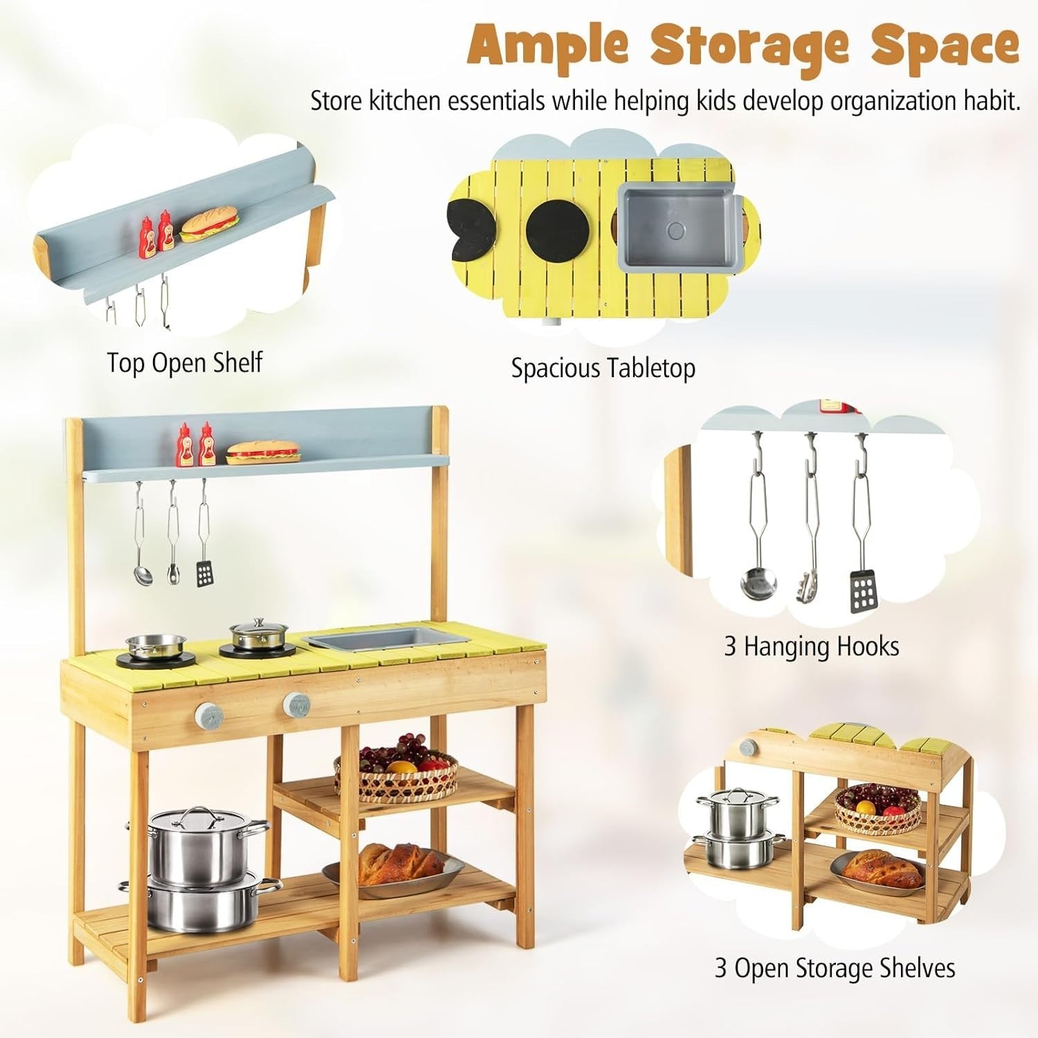 Outdoor Kids Mud Kitchen Wooden Playset Sink Stove Garden Toy