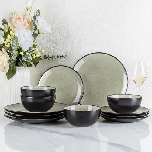 12pc Stoneware Dinner Set Plates Bowls Sage Green Dishwasher Safe