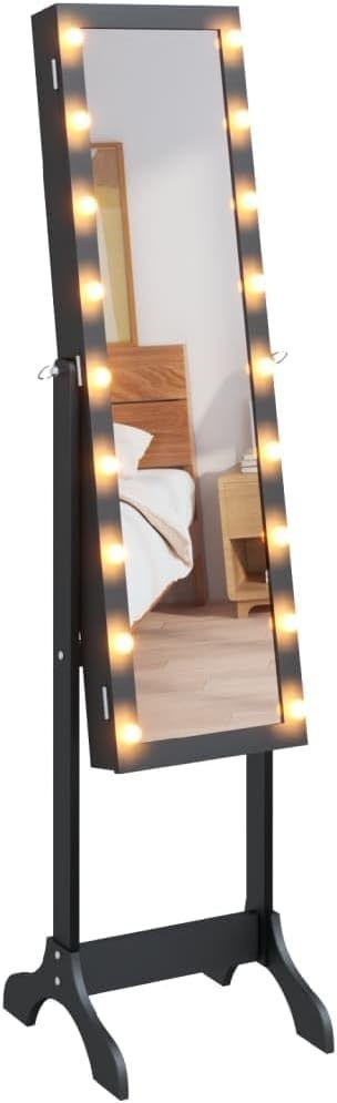 LED Standing Mirror Jewelry Cabinet Tilt Adjustable Storage Armoire Black