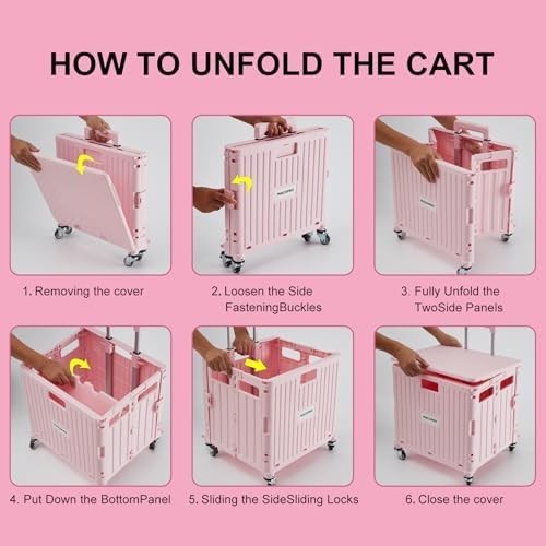 Folding Utility Cart Rolling Crate Trolley Lid Basket 360° Wheels Pink