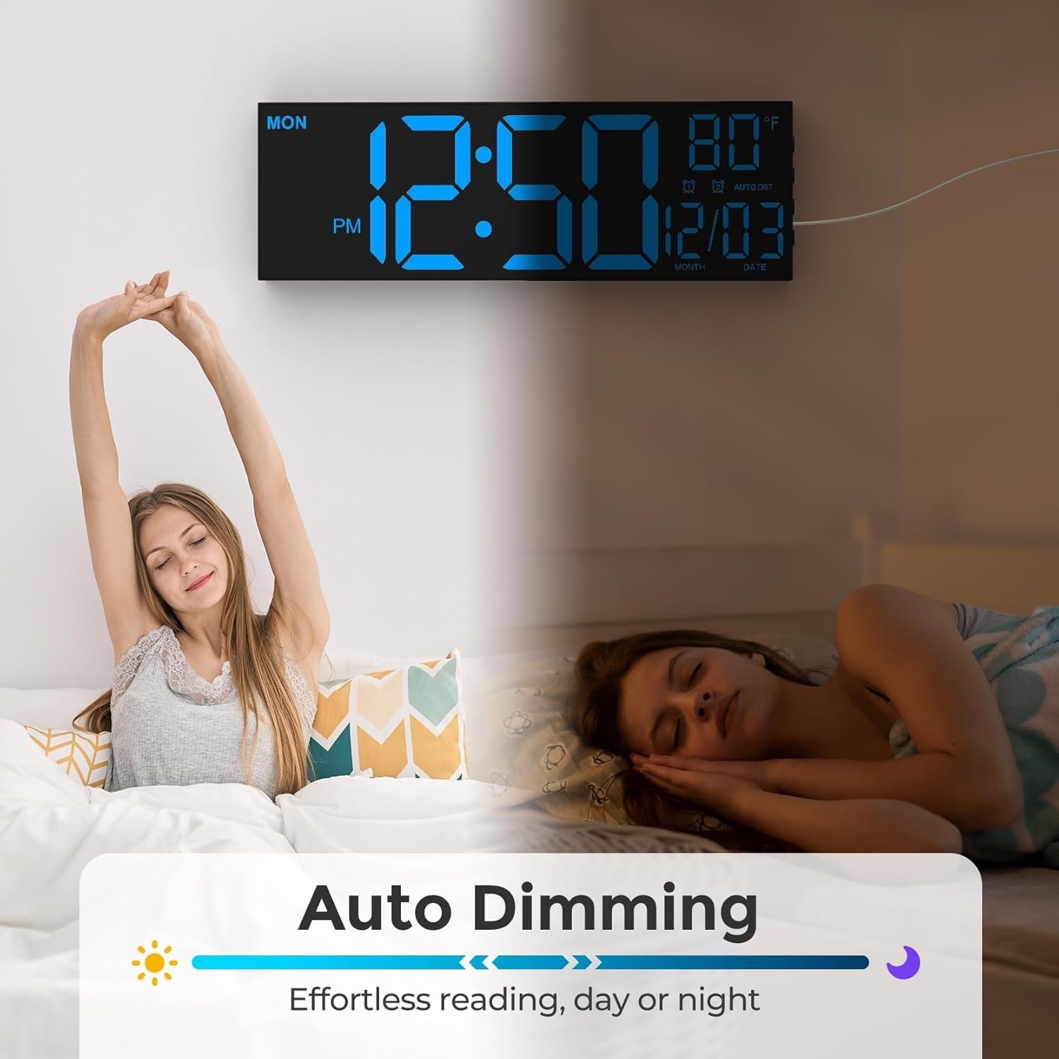 16” Large Digital Wall Clock LED Remote Control Dual Alarm Heavy Sleepers