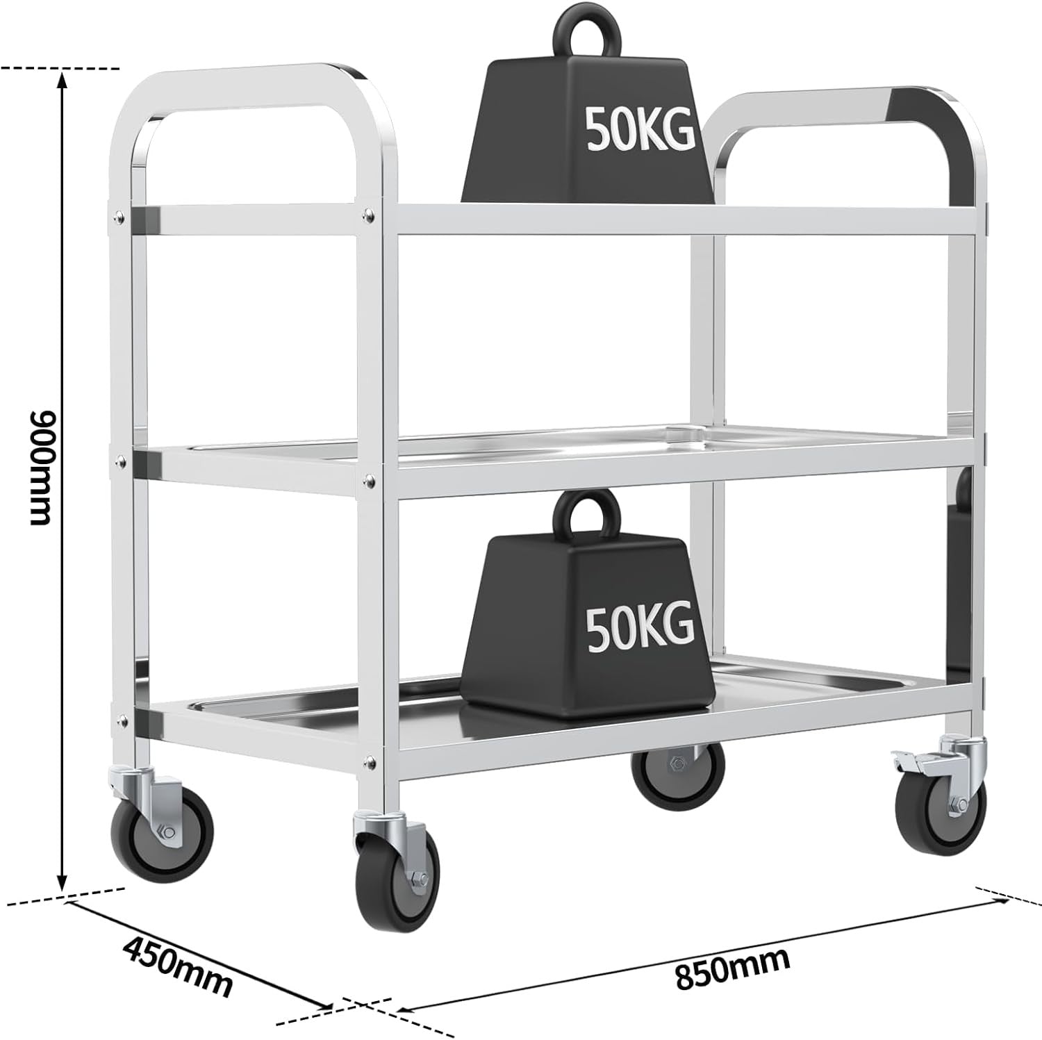 Stainless Steel Kitchen Trolley 3 Tier Serving Cart Locking Wheels Heavy Duty