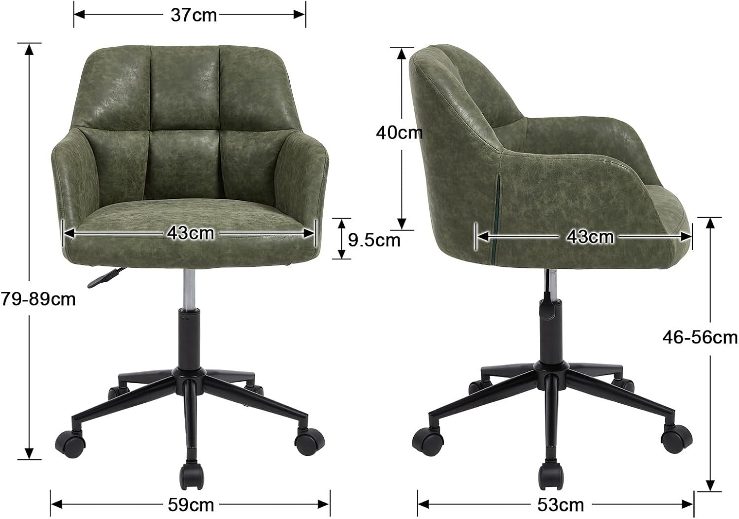 Faux Leather Office Chair Adjustable Swivel Desk Seat Green Tufted Back Modern