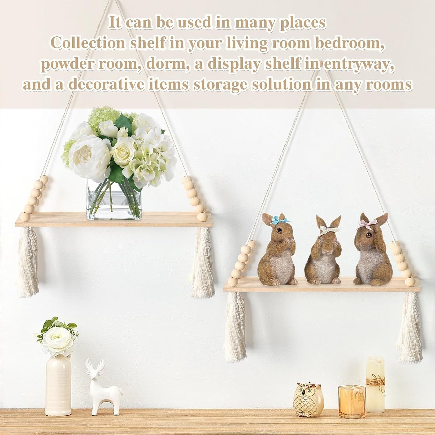 Boho Macrame Hanging Shelves Set of 2 Rustic Wooden Wall Decor