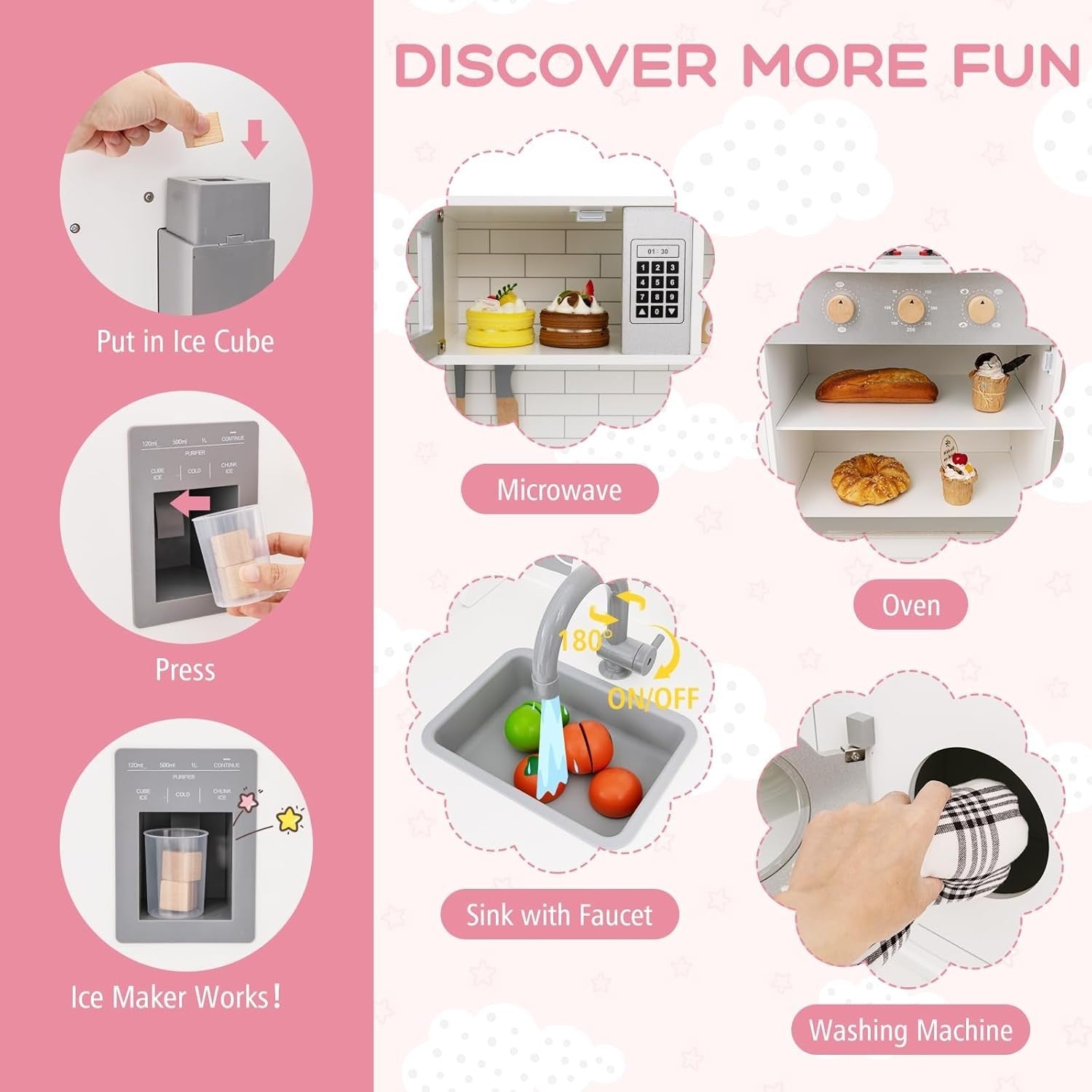 Kids Corner Play Kitchen Wooden Toy Set Light Sound Ice Dispenser White