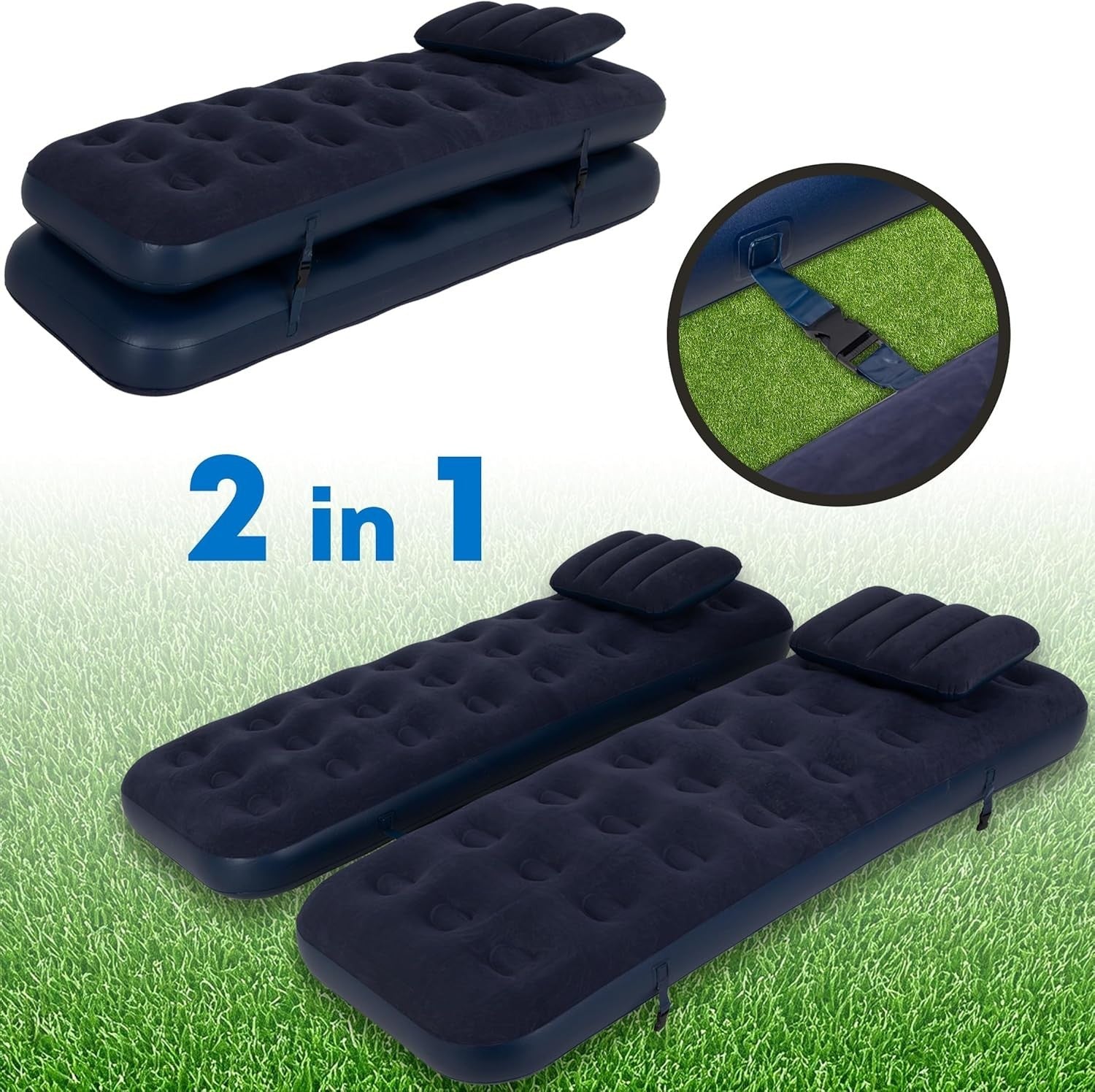 3 in 1 Inflatable Air Bed Double or Single Guest Camping Mattress w Pillows