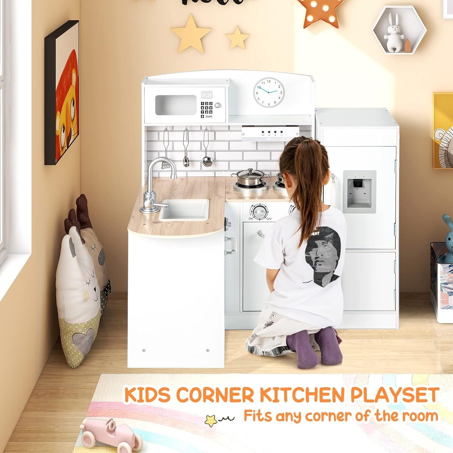Corner Kids Play Kitchen w/ Fridge Microwave Sink Water Dispenser