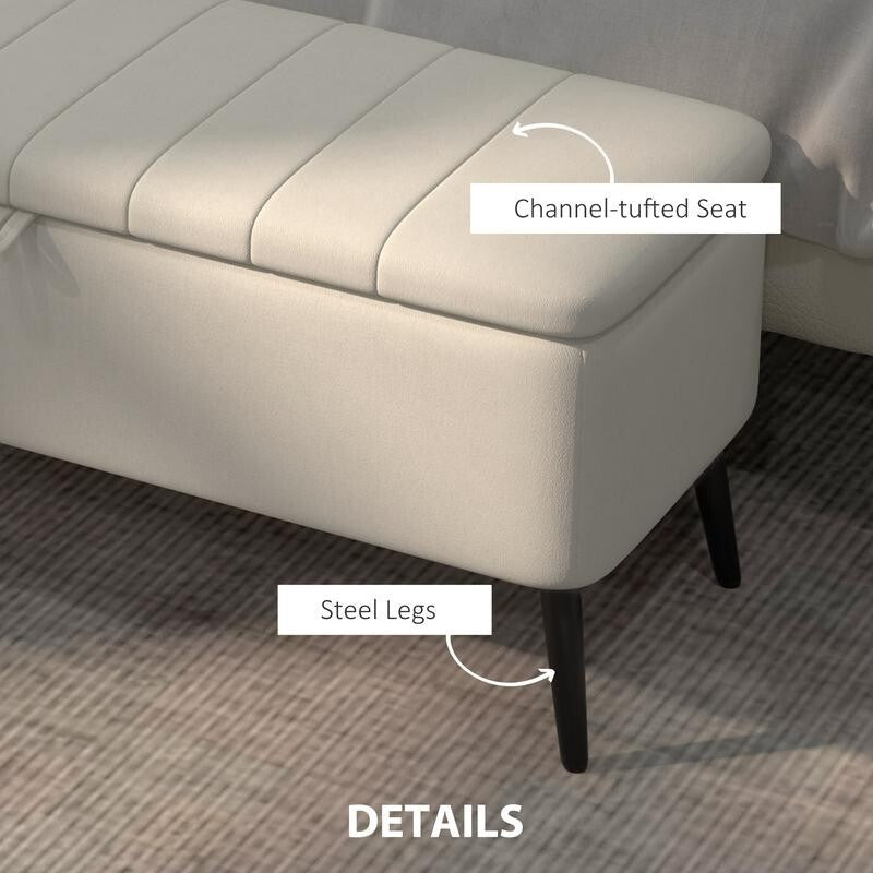Storage Ottoman Bench Cream Linen Seat Flip Top Stool Steel Legs Bedroom