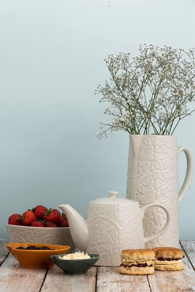 Stoneware Teapot 1L Embossed Forest Design Heat Retaining Cream